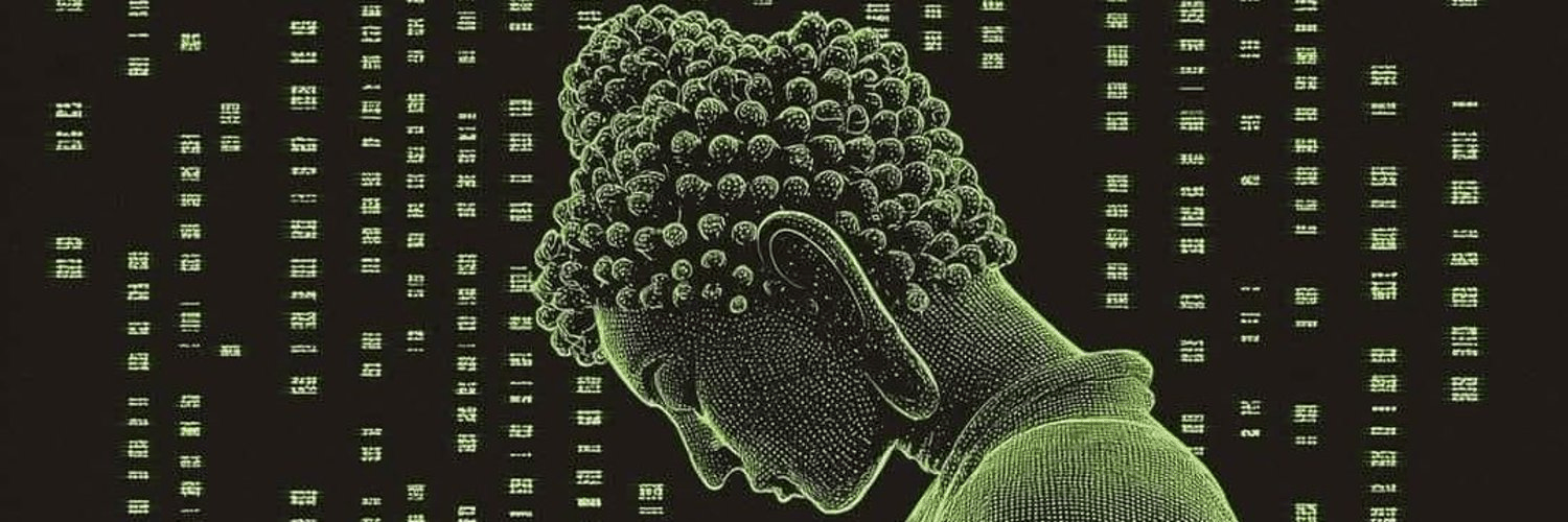 A Buddha head in profile formed from glowing green digital characters, surrounded by falling characters on a dark background